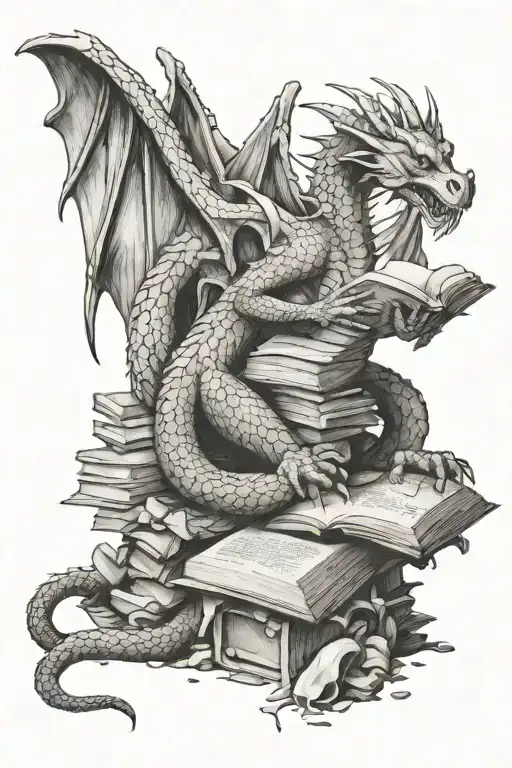 dragon sitting on pile of bones  reading a book   tattoo design idea