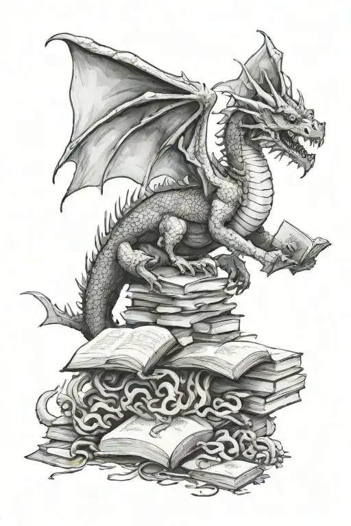dragon sitting on pile of bones  reading a book   tattoo design idea