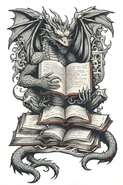 dragon reading book tattoo design idea