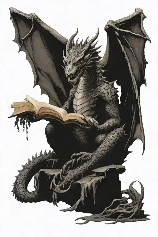 dragon sitting on pile of burned bones  reading a book   tattoo design idea