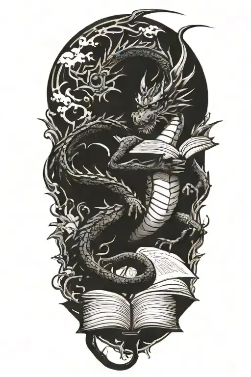 dragon reading book tattoo design idea