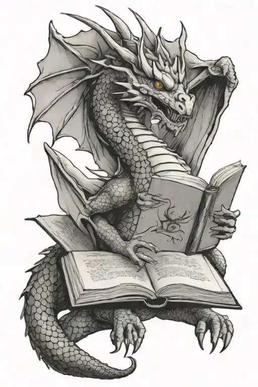 dragon reading book tattoo design idea