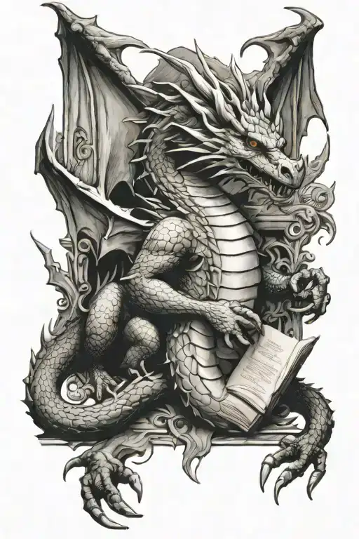 dragon reading book tattoo design idea