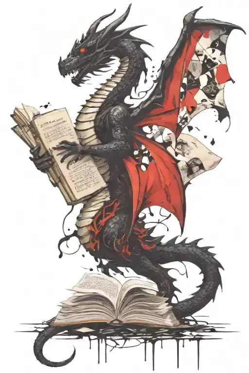dragon reading a book open tattoo design idea
