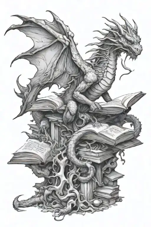 dragon sitting on pile of bones  reading a book   tattoo design idea