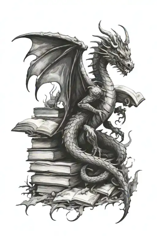dragon sitting on pile of burned bones  reading a book   tattoo design idea