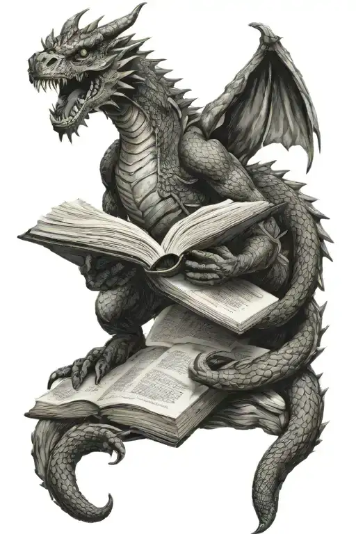 dragon reading book tattoo design idea