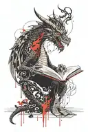 dragon reading a book open tattoo design idea