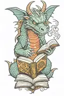 Dragon reading a book open tattoo design idea