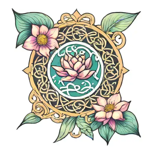 celtic father daughter knot surrounded by water lily and larkspur  tattoo design idea