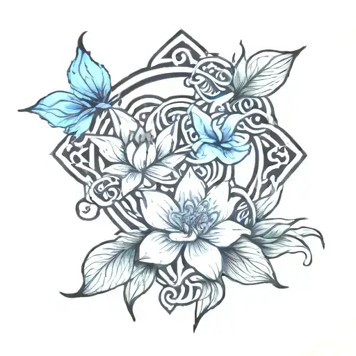 celtic father daughter knot surrounded by water lily and larkspur  tattoo design idea
