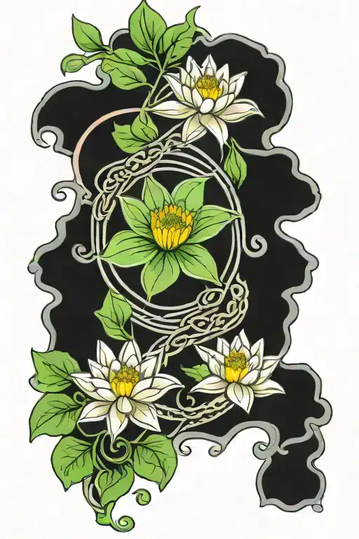 celtic father daughter knot surrounded by water lily and larkspur  tattoo design idea