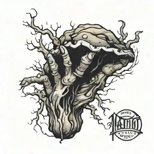 A stylized, twisted hand emerging from a rotting, fungus-covered mound tattoo design idea