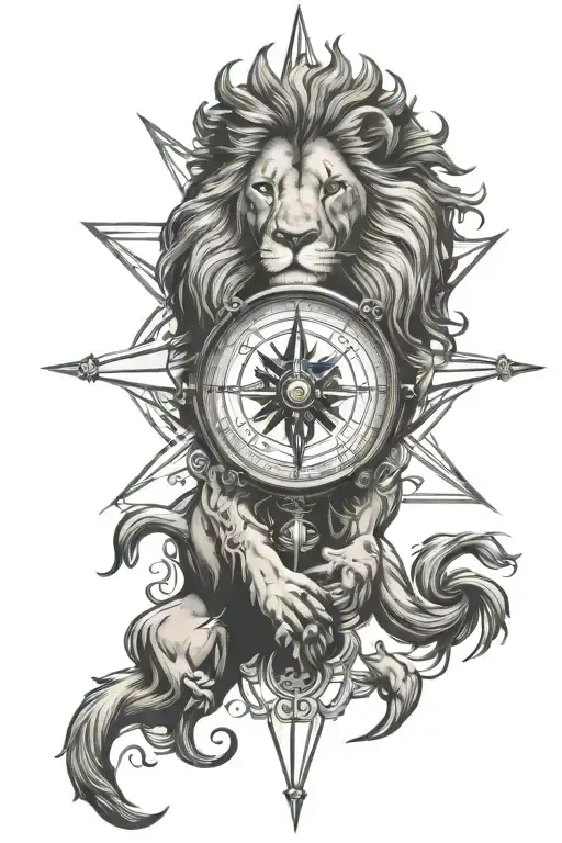 Compass and Lion head tattoo design idea