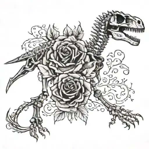 Rosedinosaur skeleton, anatomical, with bone signatures tattoo design idea