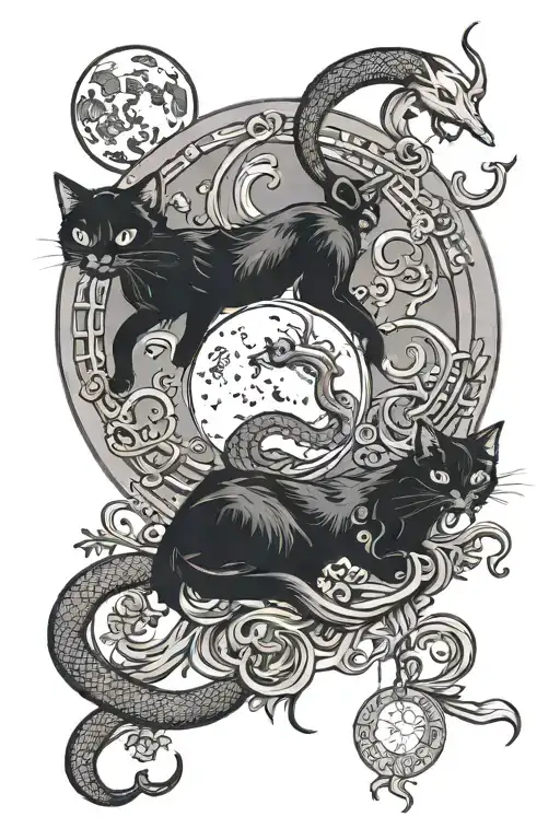 Triple moon goddess moon with snake hanging down and a black cat sitting on the moon  tattoo design idea