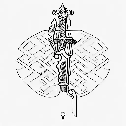 sword on the left side, keys on the right side and a lock in the middle tattoo design idea