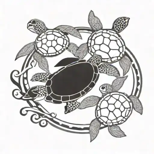 2 sea turtles a baby sea turtle and a dult sea turtle swimming together with a circle around them tattoo design idea
