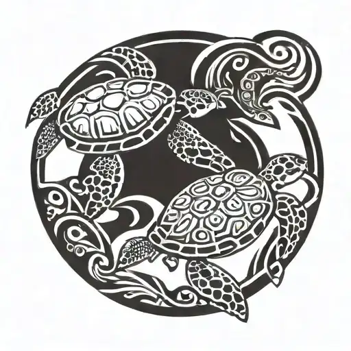 2 sea turtles a baby sea turtle and a dult sea turtle swimming together with a circle around them tattoo design idea