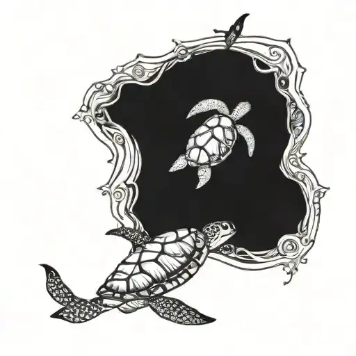 baby and mama sea turtle swimming together birds eye view tattoo design idea