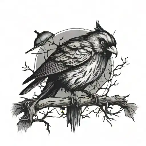 bird sitting on a branch with a very gothic scene tattoo design idea