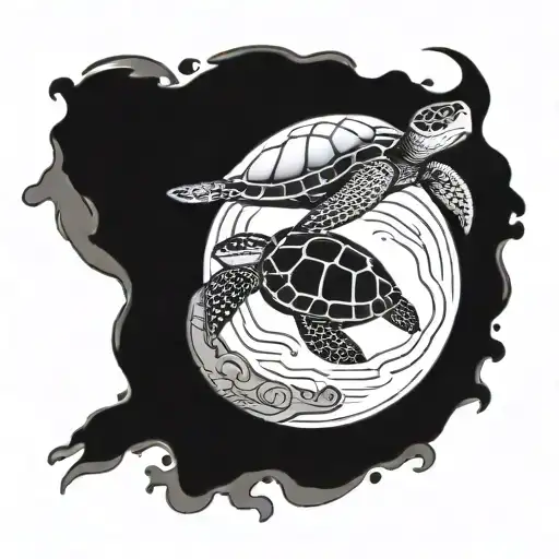 big sea turtle and small sea turtle swimming with a circle drawn around tattoo design idea