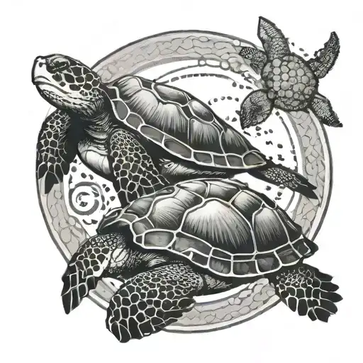 big sea turtle and small sea turtle swimming with a circle drawn around tattoo design idea