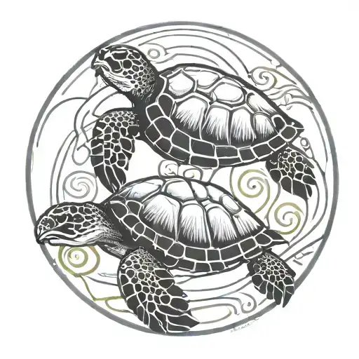 2 sea turtles, a baby sea turtle and adult sea turtle, swimming together with a circle around them tattoo design idea
