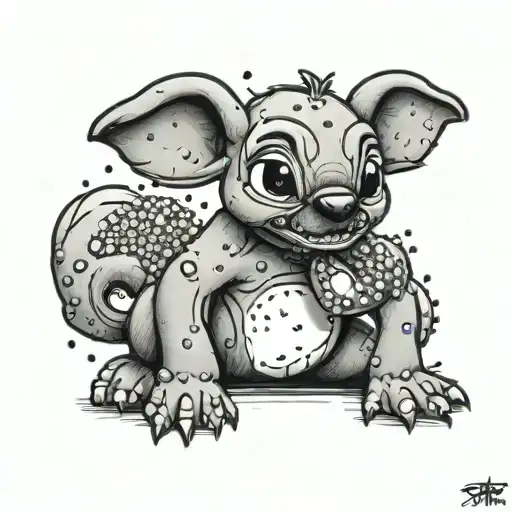 disney stitch playing with small poodle dog tattoo design idea