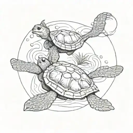 big sea turtle and small sea turtle swimming with a circle drawn around tattoo design idea