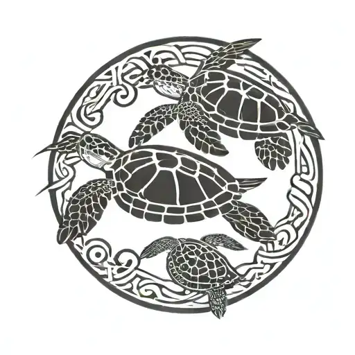 2 sea turtles, a big one and a small one,  swimming together with a circle around them tattoo design idea