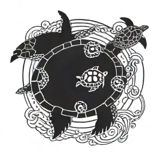 big sea turtle and small sea turtle swimming with a circle drawn around tattoo design idea