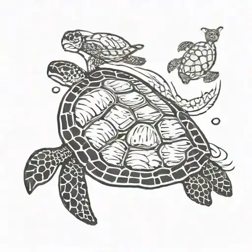 big sea turtle and small sea turtle swimming with a circle drawn around tattoo design idea