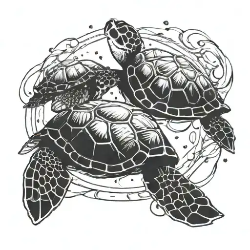 two sea turtles swimming together with a circle around them tattoo design idea