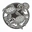 2 sea turtles a baby sea turtle and a dult sea turtle swimming together with a circle around them tattoo design idea