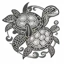 2 sea turtles a baby sea turtle and a dult sea turtle swimming together with a circle around them tattoo design idea