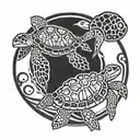 2 sea turtles a baby sea turtle and a dult sea turtle swimming together with a circle around them tattoo design idea