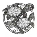 2 sea turtles a baby sea turtle and a dult sea turtle swimming together with a circle around them tattoo design idea