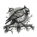 bird sitting on a branch with a very gothic scene tattoo design idea
