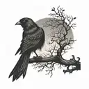 bird sitting on a branch with a very gothic scene tattoo design idea