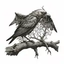 bird sitting on a branch with a very gothic scene tattoo design idea