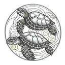 2 sea turtles, a baby sea turtle and adult sea turtle, swimming together with a circle around them tattoo design idea