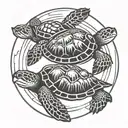 2 sea turtles, a baby sea turtle and adult sea turtle, swimming together with a circle around them tattoo design idea