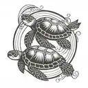2 sea turtles, a baby sea turtle and adult sea turtle, swimming together with a circle around them tattoo design idea
