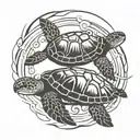 2 sea turtles, a baby sea turtle and adult sea turtle, swimming together with a circle around them tattoo design idea