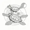 big sea turtle and small sea turtle swimming with a circle drawn around tattoo design idea