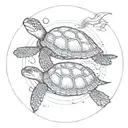 big sea turtle and small sea turtle swimming with a circle drawn around tattoo design idea