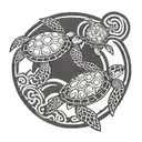 2 sea turtles a baby sea turtle and a dult sea turtle swimming together with a circle around them tattoo design idea