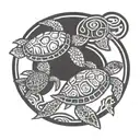 2 sea turtles a baby sea turtle and a dult sea turtle swimming together with a circle around them tattoo design idea