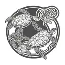 2 sea turtles a baby sea turtle and a dult sea turtle swimming together with a circle around them tattoo design idea